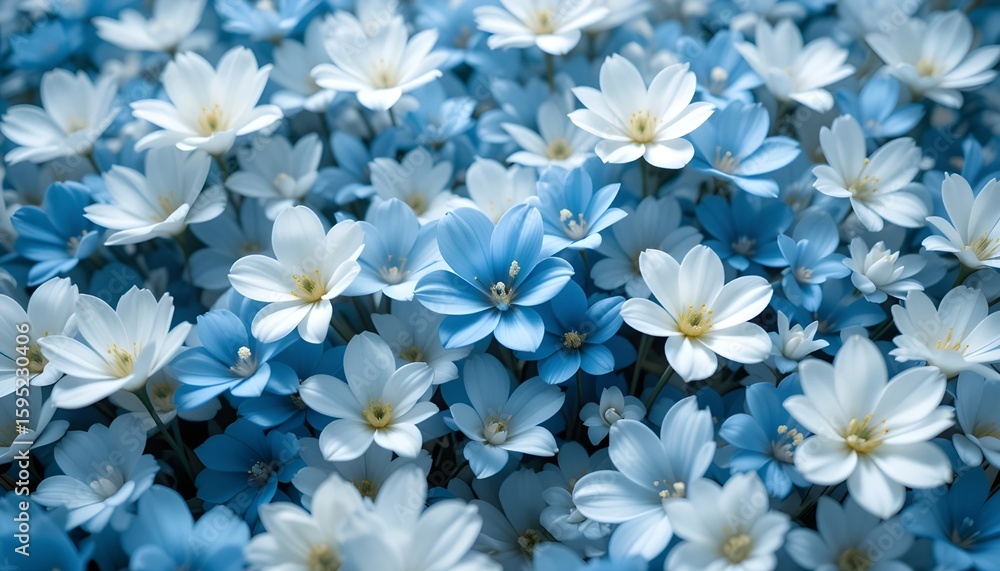 Fototapeta premium A serene and whimsical atmosphere is created by a vibrant array of white and blue flowers with soft petals.