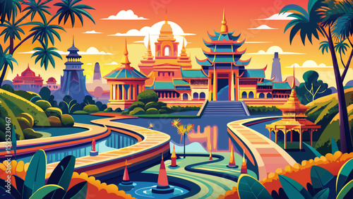 Phnom Penh, Cambodia – Royal palaces and tree-lined boulevards flow beside the Mekong, making a vibrant, regal vector composition.