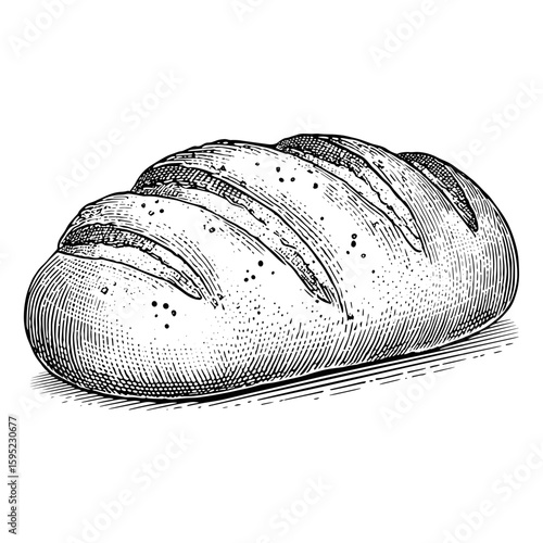 Rustic loaf of bread with cracked crust in black and white engraving  