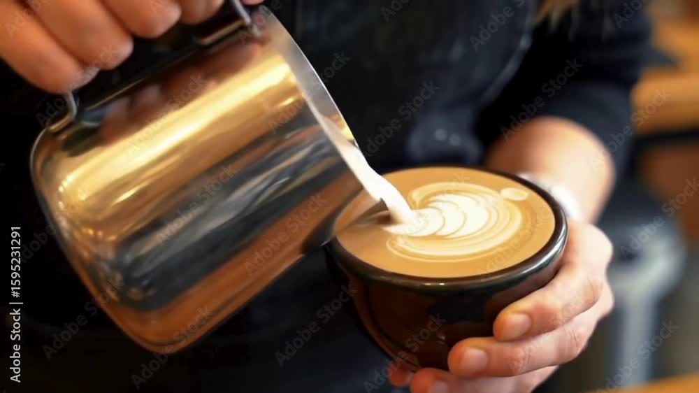 Barista pouring milk art onto a latte in a coffee shop.