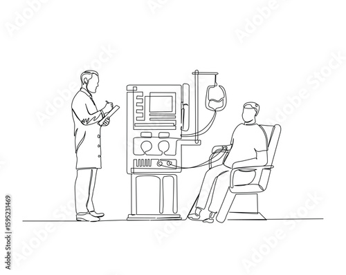 Male doctor with dialysis machine outline illustration. Continuous line drawing of hemodialysis treatment with machine.