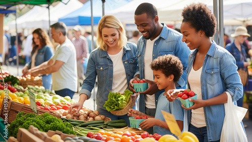 Diverse family shopping for fresh produce at a local farmers market