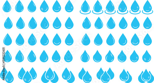 Blue water drop icon set. Droplet sign. water bubbles repeating elements. Tear and oil symbols. water conservation themes. Clean wash suds concept
