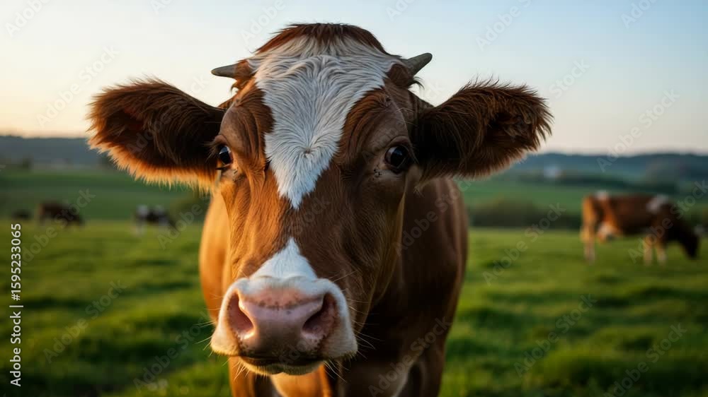 Brown And White Cow Standing in Lush Green Field at Sunset with Golden Light Glazing over its Face With Other Cows Grazing in Background Brown And White Cow Standing in Lush Green Field at Sunset with Golden Light Glazing over its Face With Other Cows Grazing in Background