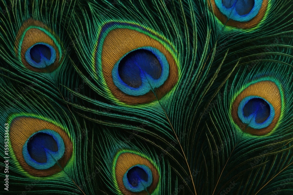 Obraz premium Luxurious peacock feather arrangement with iridescent colors and intricate eye pattern details