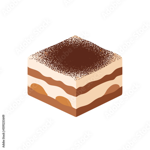 A stylized illustration of a square slice of tiramisu dessert.