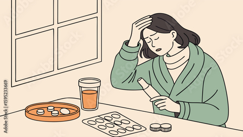 Woman Suffering from Headache and Illness, Taking Medication with Pills and Water for Relief, Healthcare Concept
