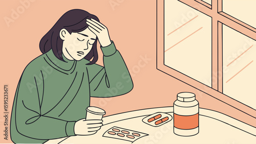 Woman Suffering from Headache or Illness, Taking Medication and Pills at Home for Relief and Healthcare