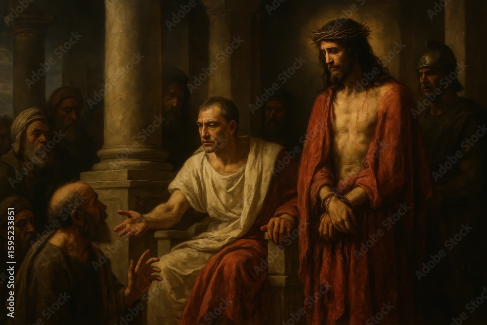 Naklejka premium Biblical scene depicting Pontius Pilate presiding over the trial of Jesus with historical accuracy