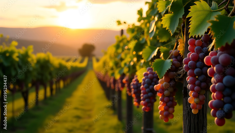 Fototapeta premium Vineyard Sunset A Tapestry of Grapes and Light in California Wine Country