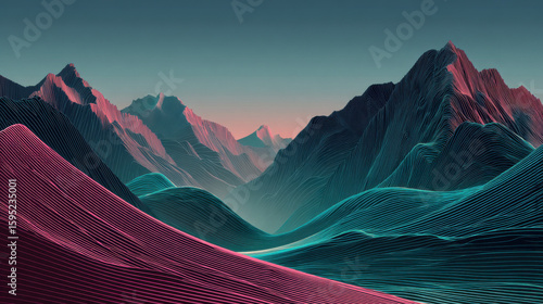 Sunset illuminates the snowy mountain peaks and a panoramic valley landscape