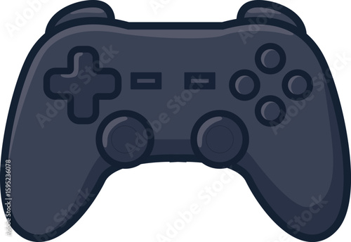 Black video game controller in flat cartoon style, isolated on white background, perfect for gaming, technology, and creative design projects.