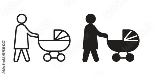 Woman with Baby Stroller icon set. minimal logotype web element pack.