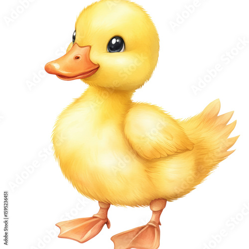 Cute realistic yellow duckling with fluffy feathers and playful expression on white background