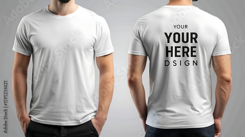 A man wearing a white tshirt with custom design space, front and back views