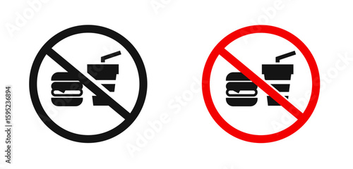 No food icon. Prohibited sign with burger and drink vector illustration. Eating and drinking restriction symbol for designated areas such as public transport, offices or clean zones