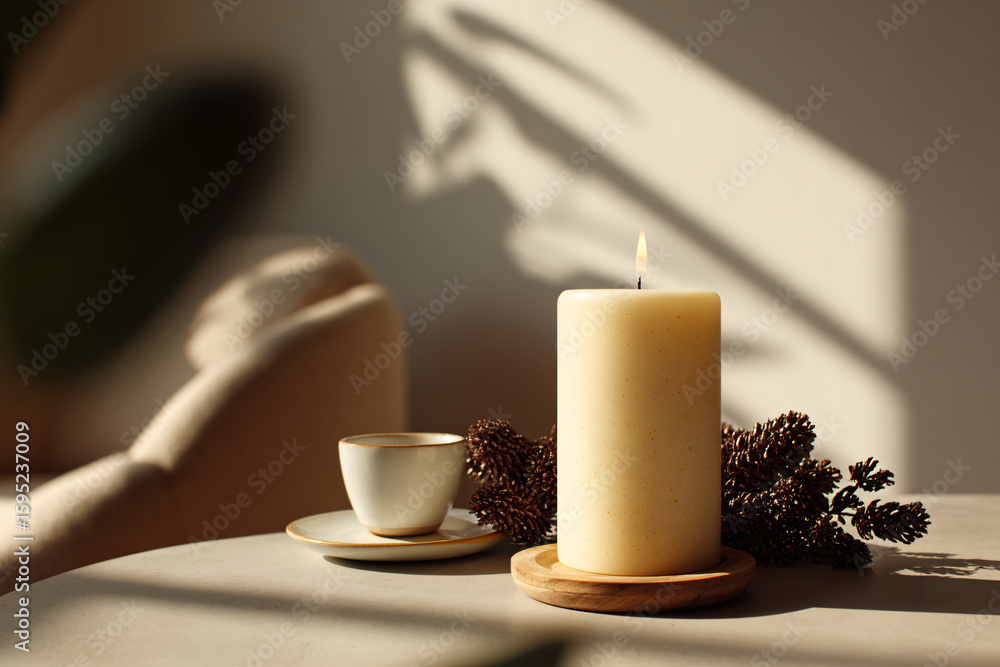 Fototapeta premium Serene Still Life Candlelight, Coffee Cup, and Dried Flowers in Warm Light Setting
