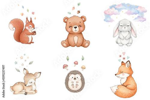 Watercolor set of cute woodland animals in a sleepy mood for nursery decor against a white background with copy space