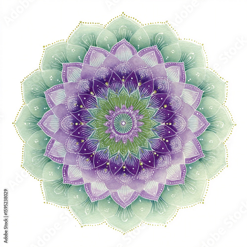 A single watercolor peaceful Mandala style meditation design in light green and purple