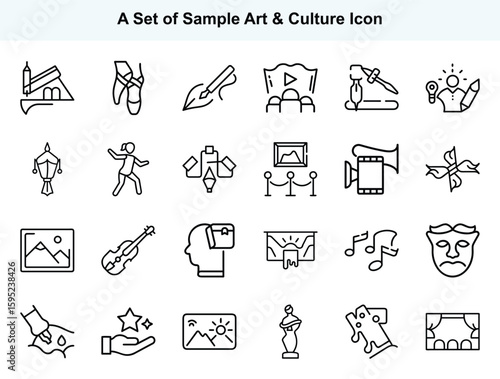 Various icons represent culture, theatre, ballet, drawing, museums, painting, music, and performing arts with transparent background