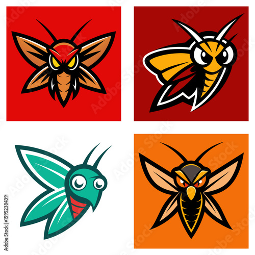 Collection of four cartoon insect mascots with different color schemes and expressions displayed nicely