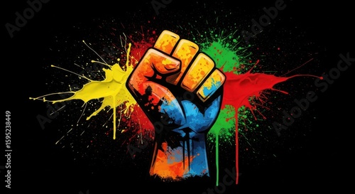 Fist Raised Against Colorful Paint Splatters Background