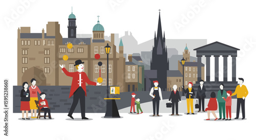 a street performer entertaining crowds, capturing the outdoor spirit of the Festival.