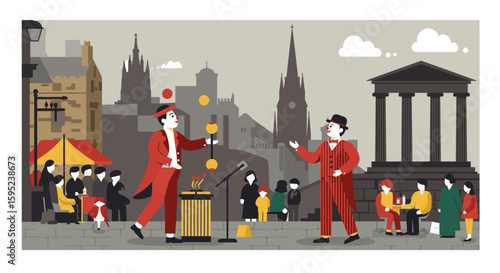 a street performer entertaining crowds, capturing the outdoor spirit of the Festival.