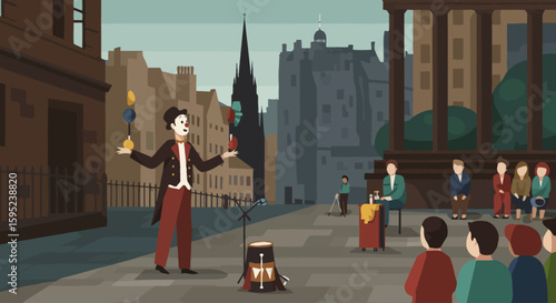 a street performer entertaining crowds, capturing the outdoor spirit of the Festival.