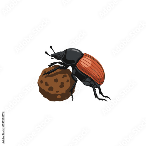 A dung beetle rolling a ball of dung, isolated on a white background.