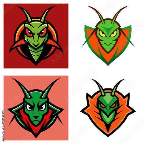 Four stylized mantis head logos with angry expressions and vibrant color schemes on contrasting backgrounds