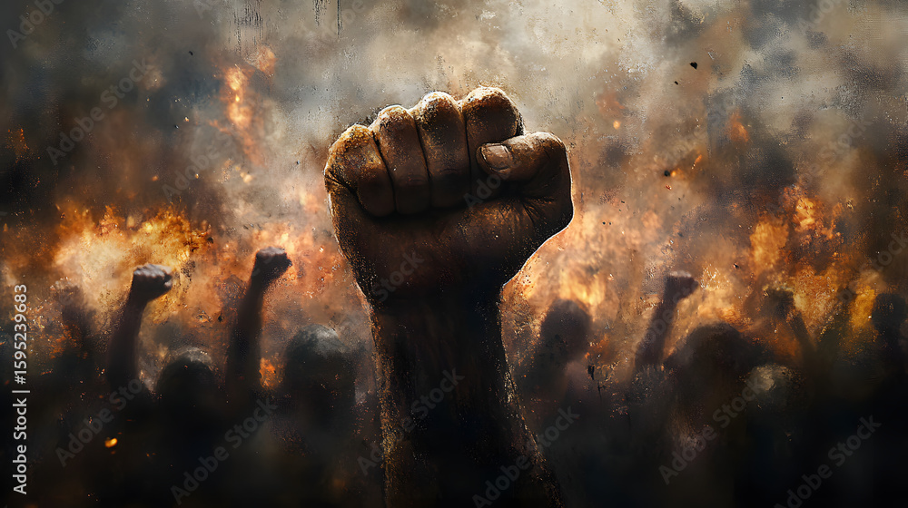 Obraz premium An emotional portrait of a protester raising their fist, symbolizing resistance and the fight for freedom.