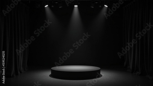 Dark circular podium, dramatic spotlight from above black background moody atmosphere