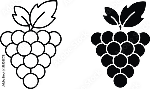 Two stylized grape clusters one outline and one filled black silhouette