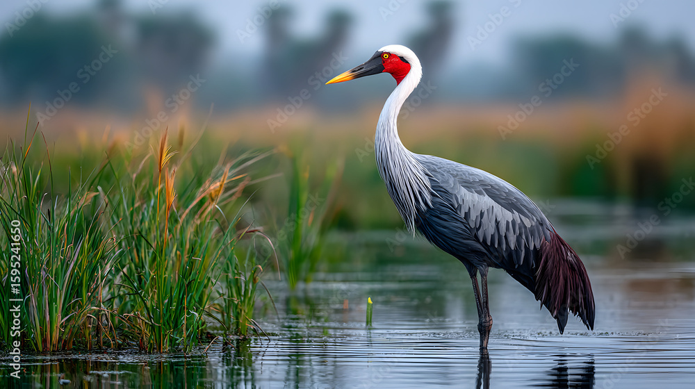 Naklejka premium bird, crane, animal, nature, wildlife, crowned, wild, feather, grey, water, beak, feathers, beautiful, grey crowned crane, heron, crown, birds, fauna, gray, sandhill crane, zoo, head, animals, red, la