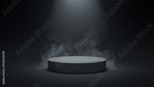 Podium black dark smoke background product platform abstract stage texture fog spotlight. Dark black floor podium dramatic empty night room table concrete wall scene place display studio smoky dust