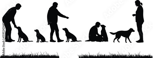 Dog obedience training outdoors, silhouettes of handlers and pets interacting on grass, animal behavior coaching, canine exercise, pet discipline scene