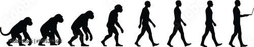Evolution timeline from primates to humans with laptop, technology progression, silhouette illustration, human transformation, development stages, modern lifestyle
