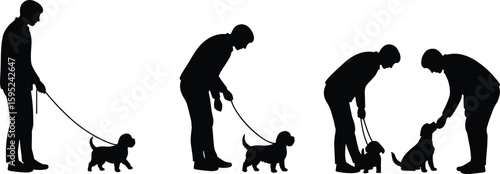 Dog training techniques, man teaching puppy commands, leash interaction, obedience development, pet discipline, silhouette poses, behavior coaching, vector art