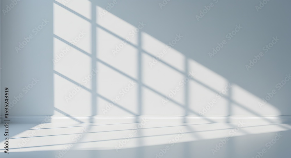 Fototapeta premium Sunlight casts geometric shadows on a white room with a large window.