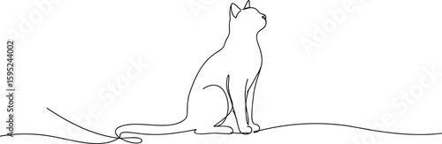 Minimalist cat silhouette in continuous line art, elegant feline pose, modern wall decor illustration, pet lover graphic, black design