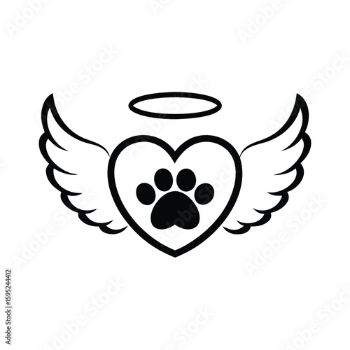 Black outline heart with paw print wings and halo on white background animal