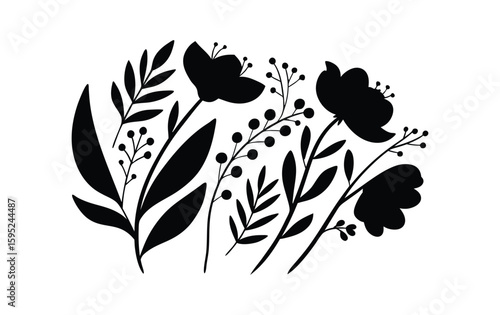 Elegant black silhouette of wildflowers and foliage in oval shape