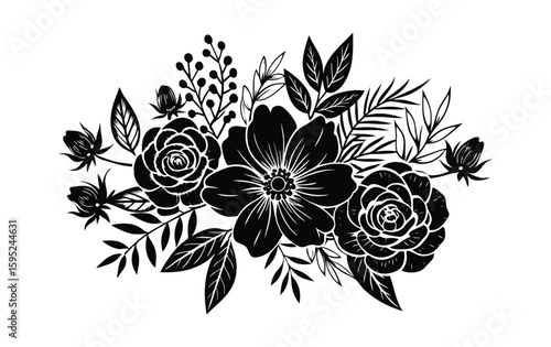 Elegant black and white floral arrangement with roses and leaves
