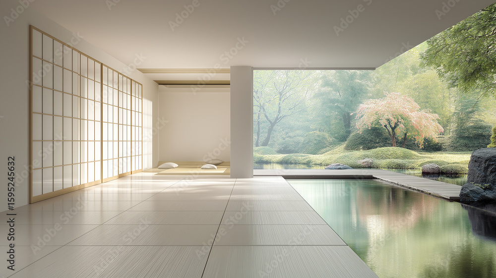 Obraz premium モダンなインテリアに包まれた和室から眺める四季の風景が美しい日本庭園の風情｜和の暮らし、自然との調和、心休まる和の空間
