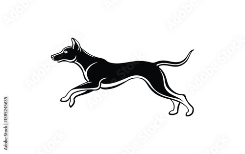 Stylized black silhouette of a dog running with its ears perked