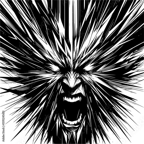 Black and white abstract vector depicting anger with sharp, jagged lines, chaotic geometry, and radiating tension, expressing inner pressure and volatility.