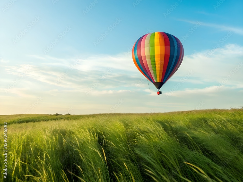 Fototapeta premium Rainbow Hot Air Balloon Soaring Over Lush Green Field Under Blue Sky