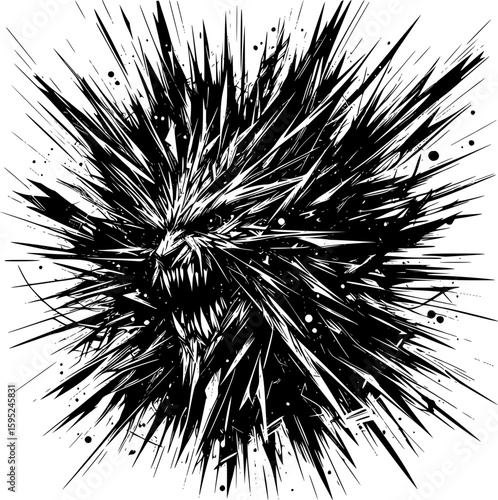 Black and white abstract vector depicting anger with sharp, jagged lines, chaotic geometry, and radiating tension, expressing inner pressure and volatility.