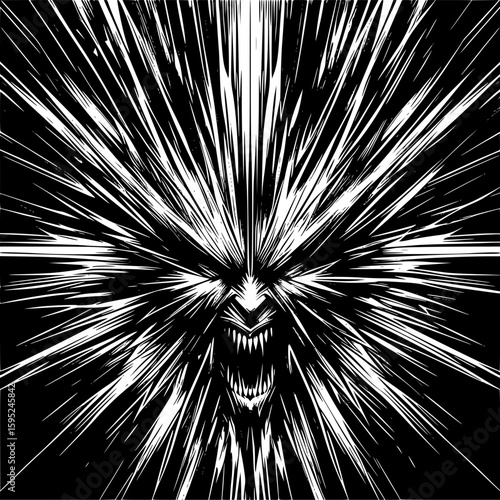 Black and white abstract vector depicting anger with sharp, jagged lines, chaotic geometry, and radiating tension, expressing inner pressure and volatility.